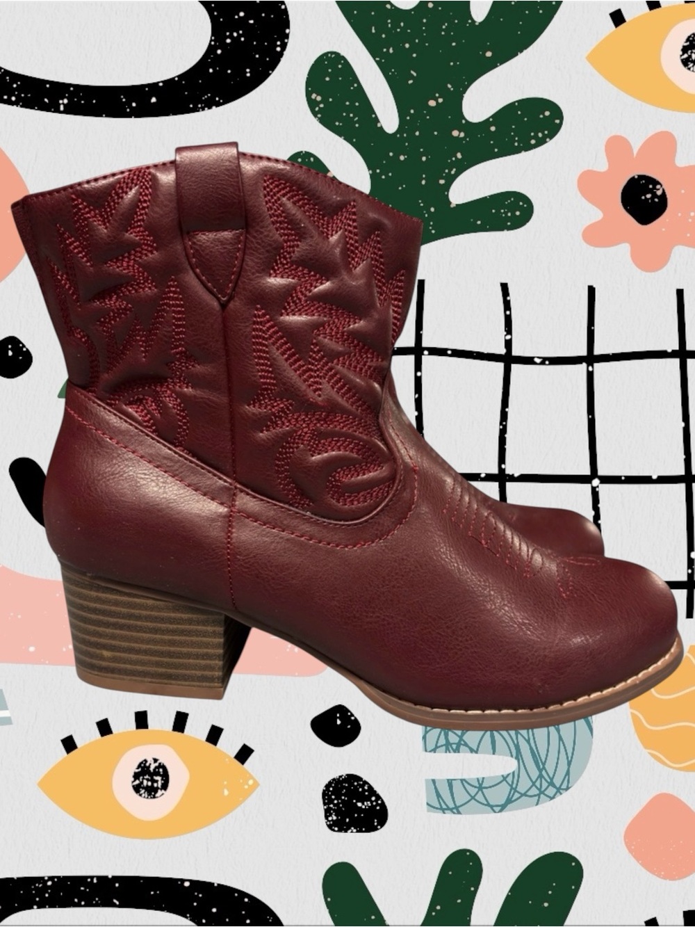 Torrid | Burgundy Red Faux Leather Embroidered Cowboy Ankle Boots - Wide Width